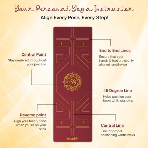Image of WiseLife TRU Body Alignment Yoga Mat + Sleek Yoga Strap for Men and Women | Non-Slip Textured Extra Wide & Thick | Pro Balance TPE Exercise Mat for Home, Pilates, Gym & Fitness (6mm, Red)