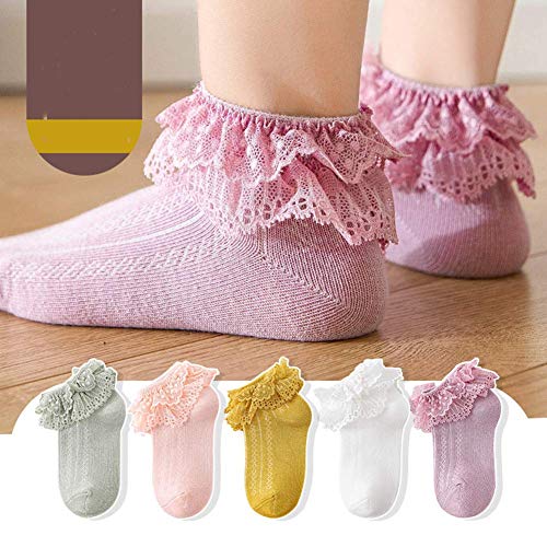 Guozyun Baby Girls Cotton Lace Socks Toddlers Ankle Sock Frilly Princess Socks For Newborn Infant Kids (0-12Months, （ 1Pairs White，2Pairs Pink，1Pairs Purple，1Pairs Light Green，,1Pairs Yellow）) #TOP1