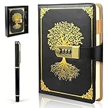 twirush A5 Diary with Lock, Vintage PU Leather Journal With Lock, 300 Pages Lined Paper Password Notebook with Pen & Gift Box, Secret Diary Lockable Journal for Women, Girls, Men, Students (Black)