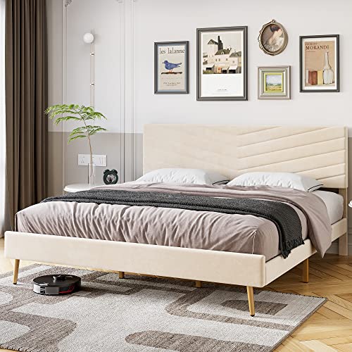 GarveeHome Velvet Upholstered King Size Bed Frame with Adjustable Headboard, Solid Wood Slats Support, No Box Spring Needed, Noise Free, Beige