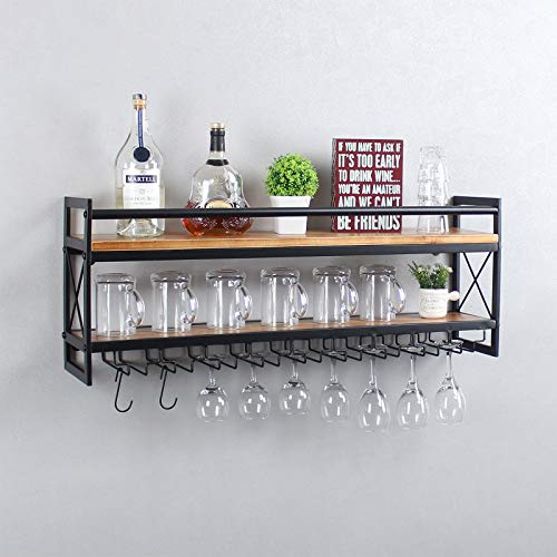 Mbqq Wine Rack Stemware Glass Rack,Industrial 2-Tier Wood Shelf,36" Wall Mounted Wine Racks With 9 Glass Holder For Wine Glasses,Mugs,Home Decor,Black #TOP2
