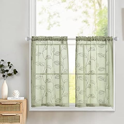 TOPICK Sage Green Sheer Kitchen Curtains Cover