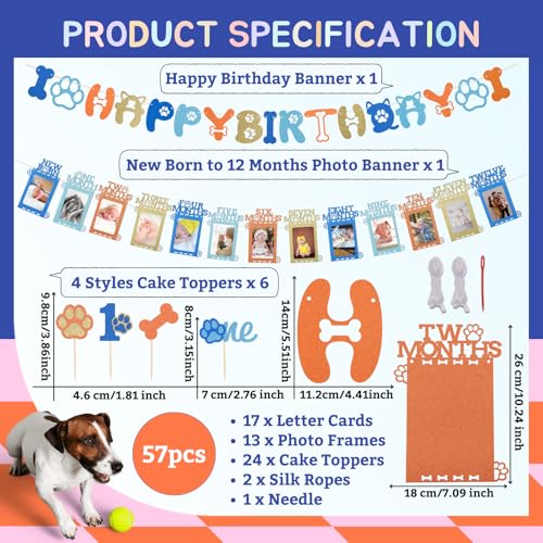 Blue Dog First Birthday Photo Banner for Baby from Newborn to 12 Months First Year Down Party Decorations Monthly Milestone Photograph Glitter Happy Birthday Banner for Baby Shower 1st Birthday Celebration, with 24pcs Cake Toppers