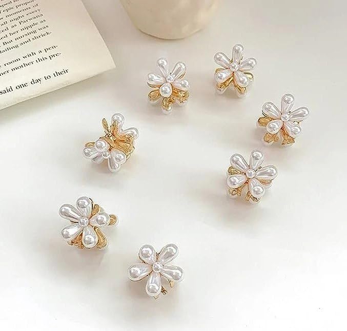 YEKDA 10 Pcs Aesthetic Pearl Flower Mini Hair Claws Tiny Decorative Hairpins for Women, Elegant Non-Slip Floral Clips Hair Accessories Set