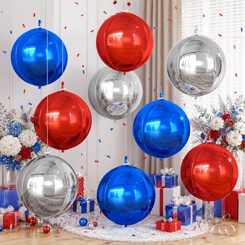 Image of 9 Pcs Red Blue Silver Round Foil Balloons,22 Inch Round Balloons | Red Blue Silver Giant 4D Round Ball Balloons For Patriotic Birthday Graduation Sports Party Decorations