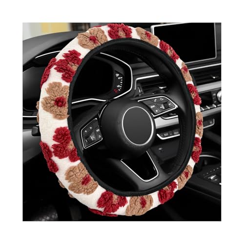Sbulhia Plush Flowers Steering Wheel Cover, 15 inch Anti-Slip Breathable Steering Wheel Protector Cute Floral Decor, Elastic Soft Wheel Cover Universal Fit for Most Vehicles (Wine Red)