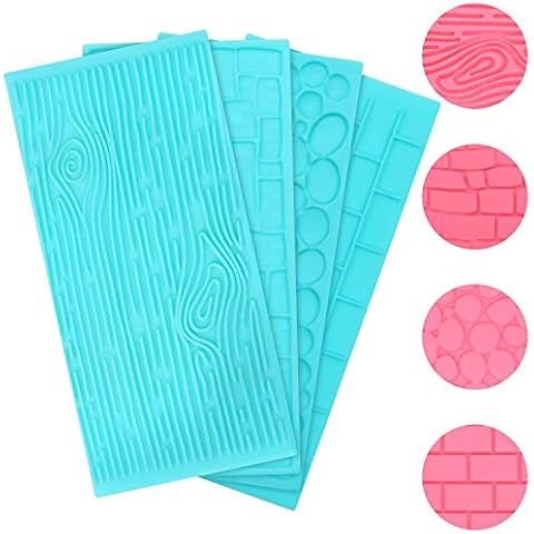 Kurtzy Plastic(4 Pack) Embossing Fondant Icing Chocolate Cake Mould Set - Brick, Wood, Cobble and Pebble Stone Designs - Blue 3D Decorating Embossed Mold Set For Sugar Candy, Decor, Jelly & DIY Baking Cover