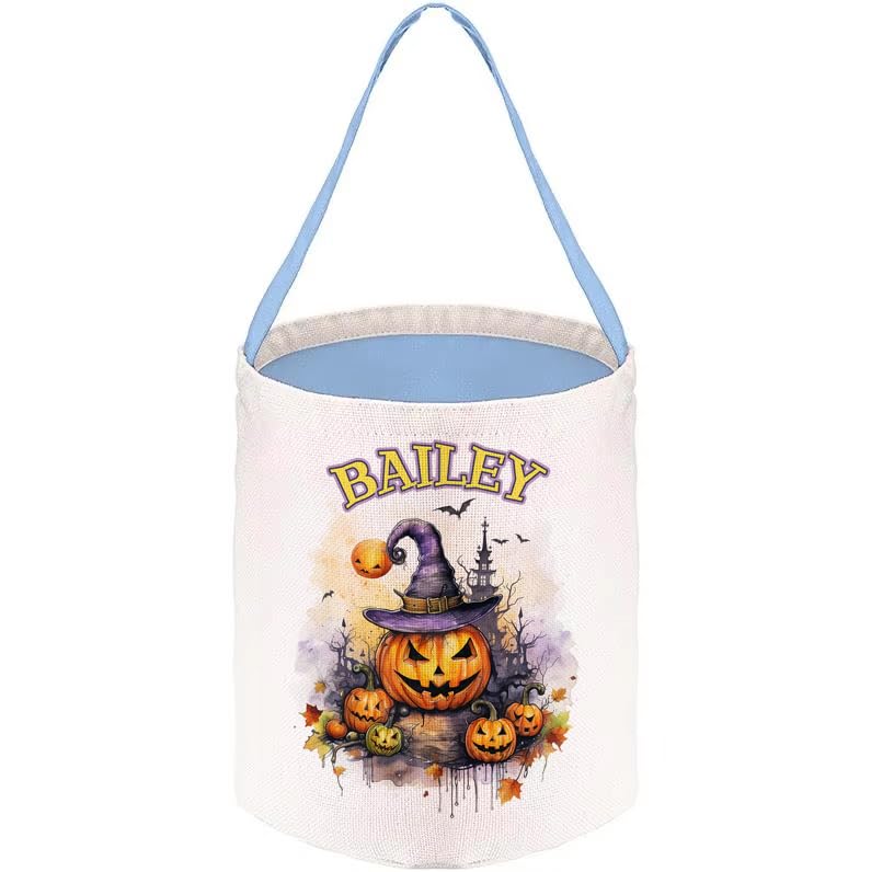 Personalised Witch Hat Pumpkin Figurine, Halloween Pumpkin, Fastive Gift, Linen Storage Baskets, Trick or Treat Candy Bag, Customised Buckets For anyone. (Blue)