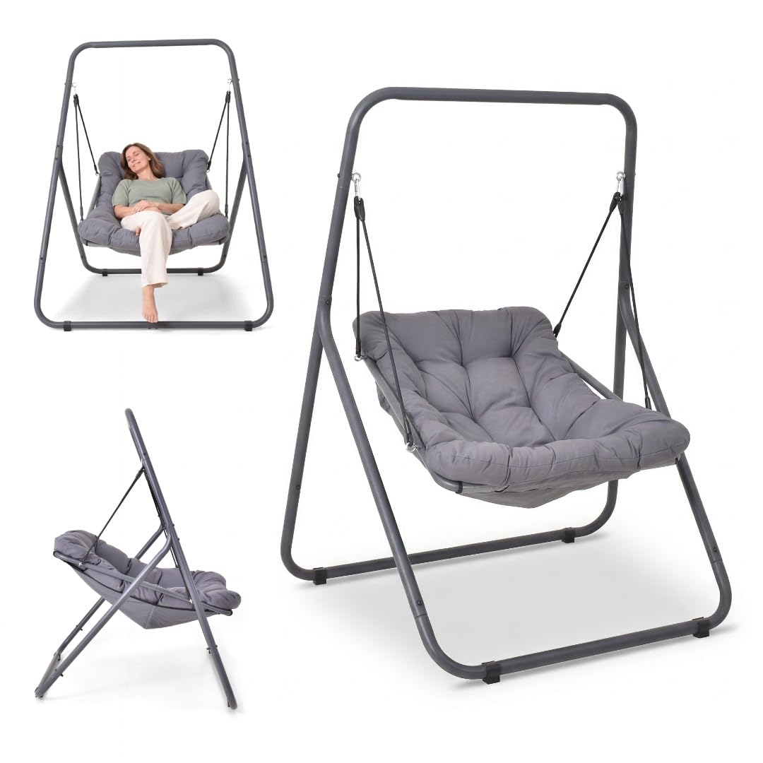 HAPPERS Silla Colgante Jardín Exterior | Sillón Columpio con Soporte | Mecedora de Terraza Balancín - Gris