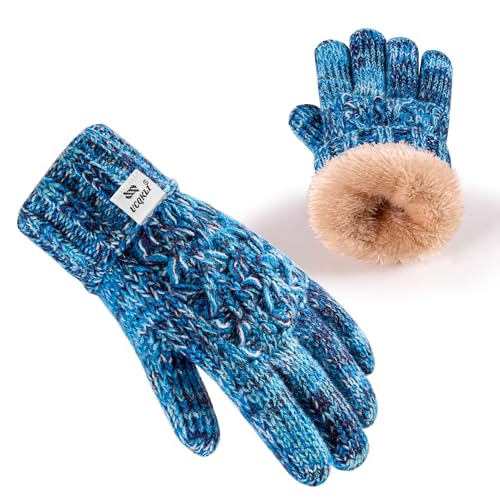 Kids Toddler Winter Warm Fleece Lined Gloves for Girls Boys, Thick Thermal Cute Knit Gloves for Cold Weather(Blue Mix)