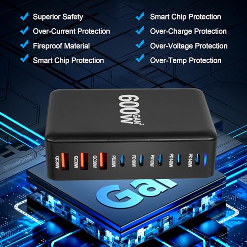 Cargador USB C de 600W AXFEE: bloque de carga rápida con 8 puertos para portátil y iPhone 4
