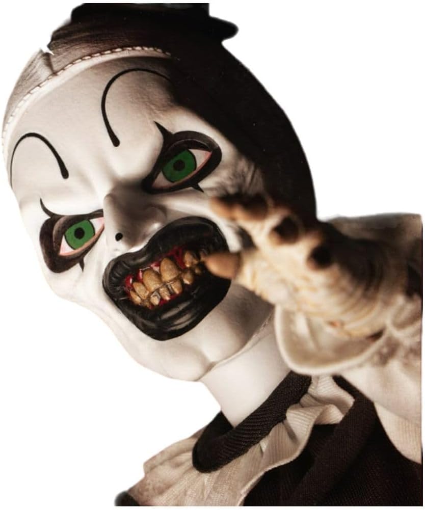 Mezco Terrifier - Living Dead Doll 10.5-Inch Art The Clown Doll with New Head Sculpt, Pom-Pom and Ruffle Detailing Black-and-White Costume, and 5-Point Articulation