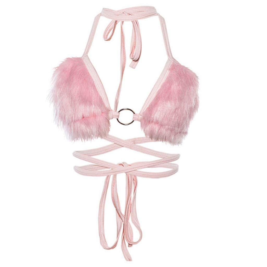 Niumanery Women's Pink Sexy Halter Lace-Up Bikini Bra V-Neck Fluffy Plush Crop Top Rave Bralette