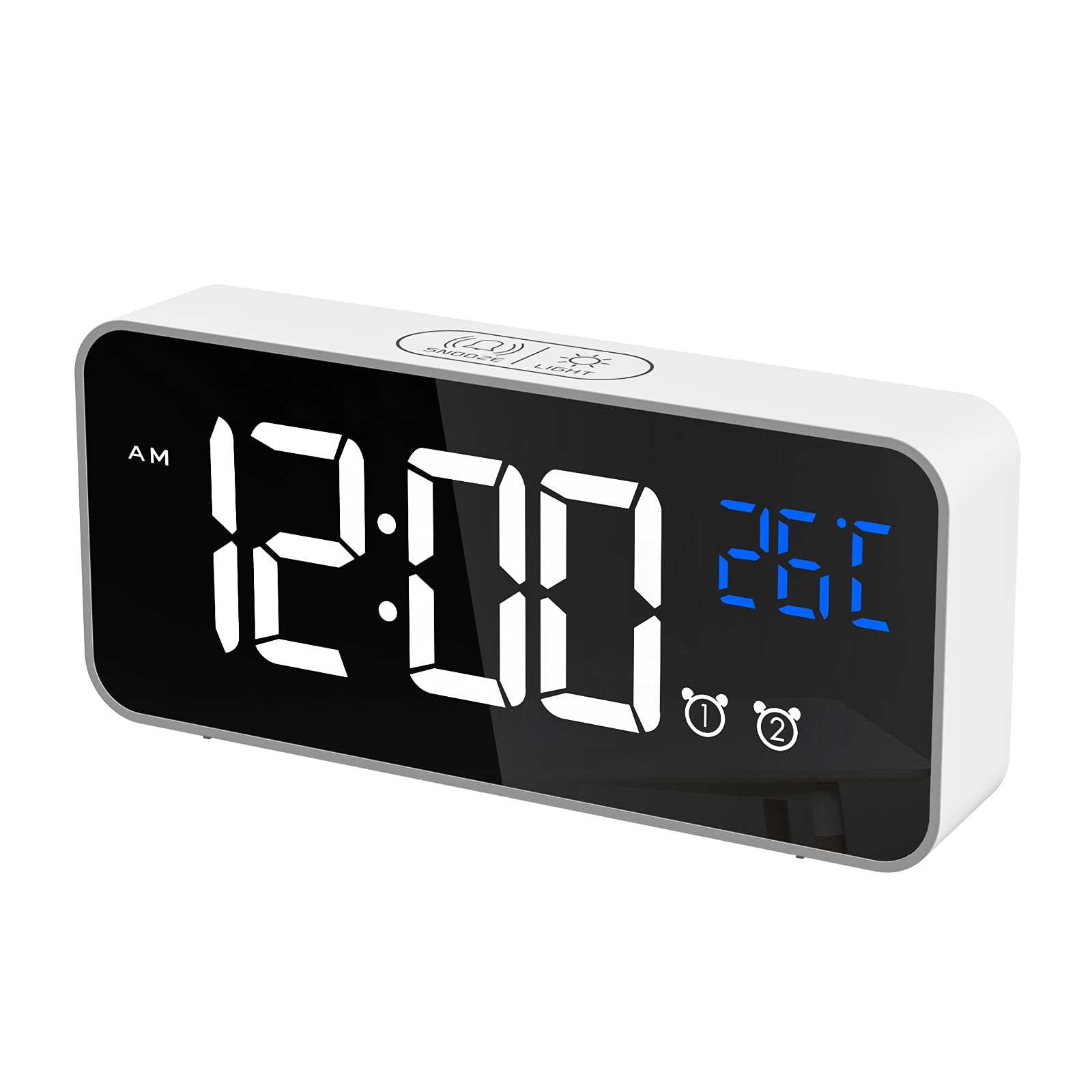 CHEREEKI Digitaler Wecker, LED Digitaluhr mit Temperaturanzeige Tragbarer Spiegelalarm Tischuhr mit 2 Alarmen 10 Alarmtöne USB Wiederaufladbar 4 Helligkeit und Lautstärke Regelbar, 12/24 Stunden