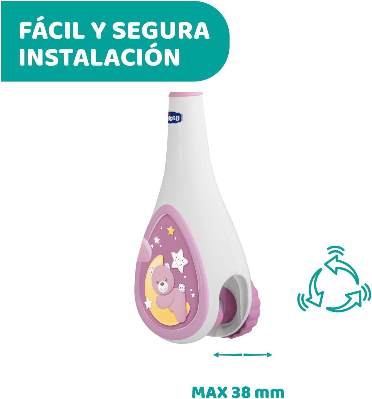 chicco Next2Dreams Baby Mobile with Music Box for Cot and Bed - 3 in 1 Baby Mobile Compatible with Next2Me Cot, with Sound Effects, Soft Night Light Projector and Classical Music - 0+ Months, Pink