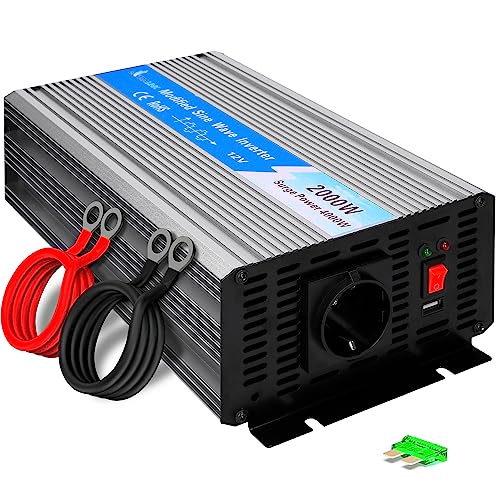 EXTRALINK Inversor 12V 220V Onda Modificada 2000W 4000W Pico – Convertidor 12V 200V con USB, Ventilador y Protección Cuádruple – para Coche, Autocaravana, Barco, Camping, Equipos Sensibles, Solar