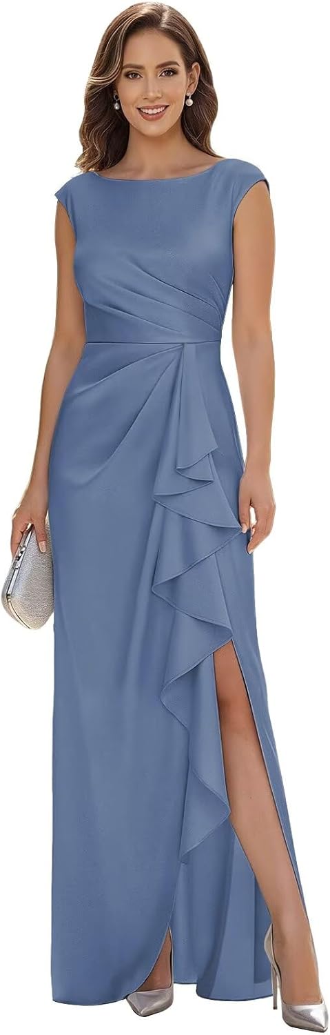 Long Satin Mother of The Bride Dresses for Women Short Cap Sleeve Ruffle A Line Formal Wedding Guest Dresses with Slit
