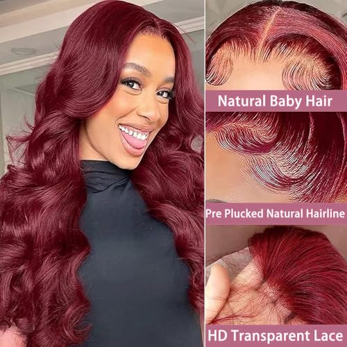 Image of JTMMP 20 Inch 99J Burgundy Lace Front Wigs Human Hair 13x6 Body Wave Lace Front Wigs Human Hair Pre Plucked 99j Burgundy Red Wine Glueless Wigs for Women