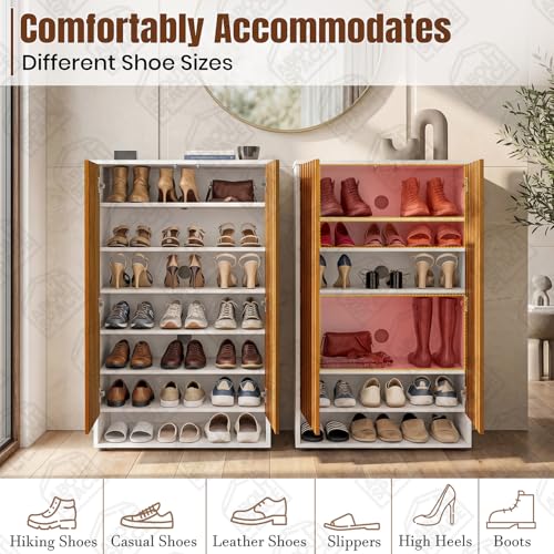 Image of ABOUT SPACE Shoe Cabinet - 7 Tier Shoe Rack with Door & Open Bottom Storage|Press Open 2 Door Engineered Wood Shoes Stand for Home | Smooth Non-Fluted-Effect Adjustable Shelf 18-21 Pair |White & Teak