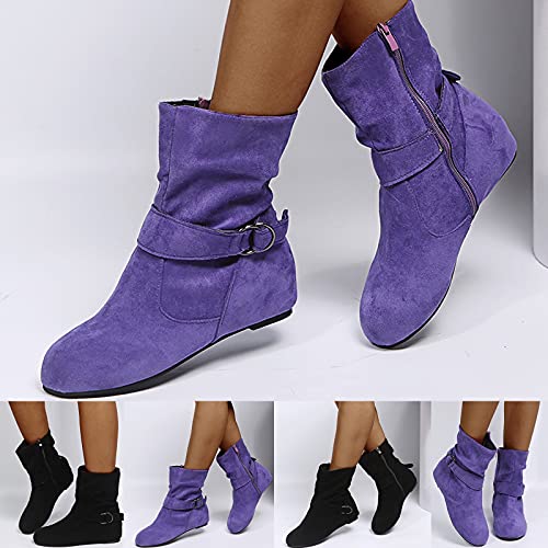 EIYEI Mid Calf Boots for Women,Women's Slip On Casual Slouchy Short Ankle Boot Side Zipper Fashion Flat Ankle Booties Round Toe Slip On Suede Booties Winter Fall Mid Calf Dress Boots2