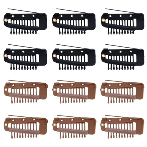 12pcs Wig Clip with Safety Pins, 10-Teeth Hair Extension Snap Invisible Wig Combs to Secure Wig No Sew Chunni Grip Dupatta Clips for Girls Women Wig Headscarf Hijab & Tikka (Black, Brown)