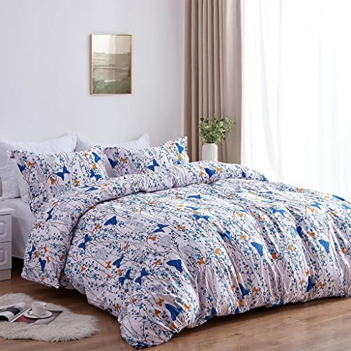 NexHT Duvet Cover Set Queen Size White, Garden Butterfly Floral Soft Bedding Cover Set Microfiber Lightweight with Zipper Closure and Ties, 1 Duvet Cover 90x90 inches and 2 Pillowcases (90311)