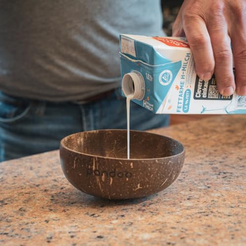 pandoo Kokosnuss Schalen 2er Set mit Kokos Löffel | 100% Naturprodukt | Plastikfreie Alternative - Handgefertigt mit Kokosöl poliert | Coconut Bowls Schüsseln | Müslischale, Kokosnuss Schale