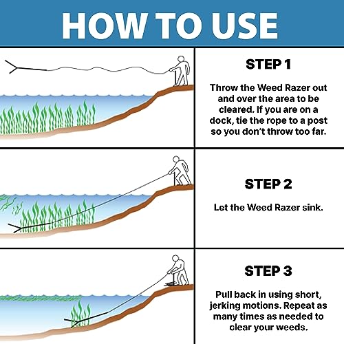 Jenlis The Original Weed Razer, Lake Weed Cutter, Large Pond Aquatic Plant Cutting Tool, Long and Sharp Razor Blades Shear Cattail, Reed, Lilly & Chara Algae, 48 Inch Cut Width, 25 Foot Throw Rope