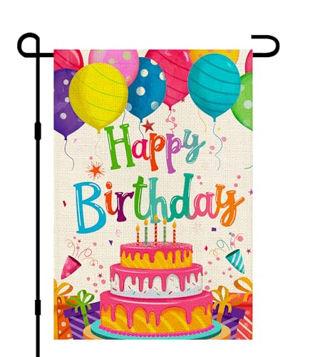 Happy Birthday Garden Flags 12x18 Double Sided Burlap, Colorful Balloon Cake Toppers Personalized Banner Farmhouse Yard Sign Birthday Party Outdoor Decorations DF576