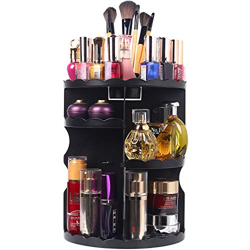 360 Rotation Makeup Organizer, sanipoe Round Bathroom Storage Tower Cosmetics Shelf Adjustable Vanity Rack Countertop Ondisplay Case Stand, Black
