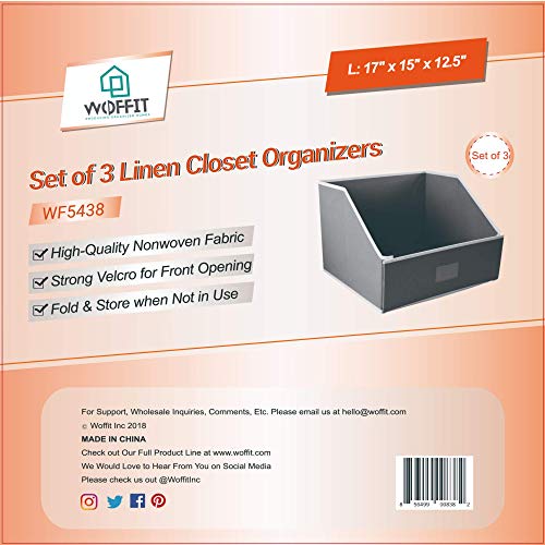 Woffit Linen Closet Storage Organizers – Set of 3 X Large Foldable Baskets to Organize Your Sheets, Towels, Washclothes, Blankets, Clothing, Sweaters, Etc – 100% Organic Fabric Bins