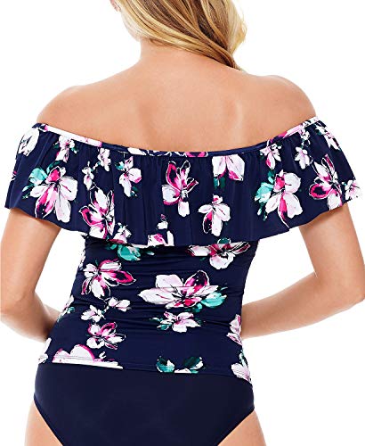 Swim Solutions Top tanquíni estampado com ombros de fora e babados, Azul marino, 12