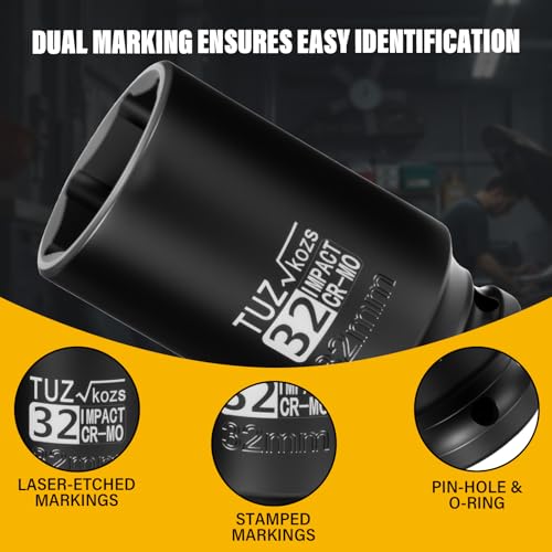 Image of 1 /2 Inch Drive 32mm Deep Metric Impact Socket,CR-MO,6 Point Radius Corner Design,Square Chamfered Opening,Axle Nut Impact Grade Socket for Easy Removal