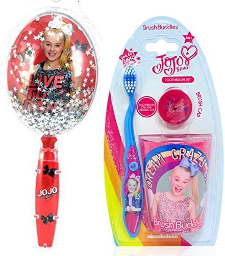 KOSS Partners JoJo Siwa Big Girl Toothbrush and Rinsing Cup Set with Confetti Glitter Handle Hairbrush