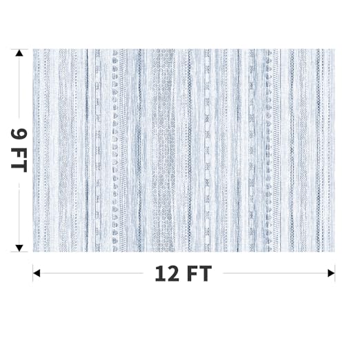 9x12 Area Rugs for Living Room Machine Washable Rug Distressed Indoor Carpet Neutral Moroccan Boho Rug Ultra Soft Area Rug for Bedroom Dining Room Playroom Office, Blue