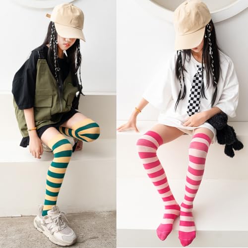 4 Pairs Striped Knee High Socks for Kids,Striped Thigh High Socks for Girls,Toddler Calf Athletic Sock3