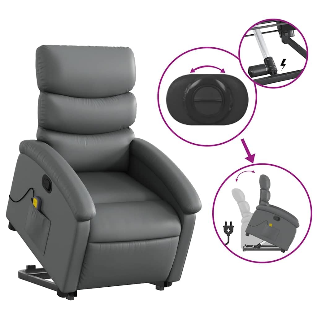 Sillón elevador reclinable con masaje de 6 puntos, color gris, piel sintética, función elevación eléctrica y vibración, estructura estable de madera y metal, bolsillo lateral