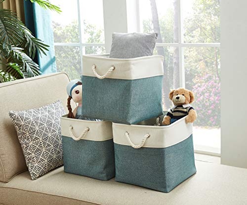 Image of DECOMOMO Cube Storage Organizer Bins | Box Storage Cube Basket with Handles Fabric Cloth Bins for Organizing Shelf Nursery Home Closet (Green & White, 13 x 13 x 13 inch - 3 Pack)