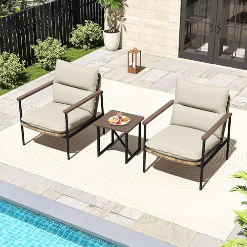 HAPPATIO 3-Piece Outdoor Furniture Set, Patio Aluminum Conversation Set with Wicker Seat and Acacia Wood Armrest, Removable Thick Olefin Cushion for Garden Lawn Backyard