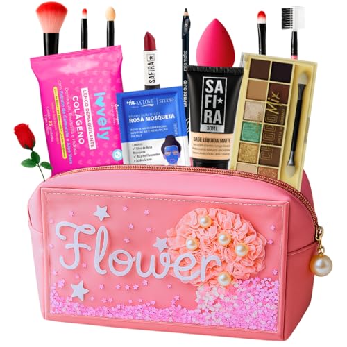 Maleta Bolsa Maquiagem Profissional Completa Kit Make Rosa Paleta Sombras Presente (MEDIA)