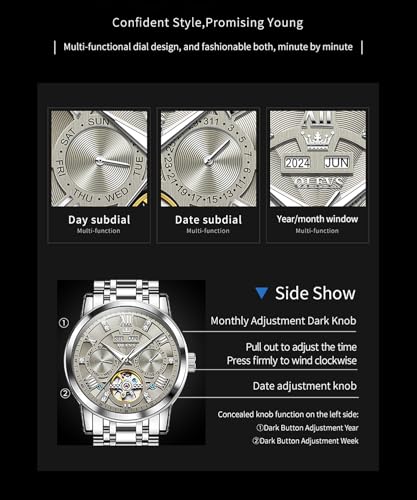 Image of OLEVS Mens Automatic Mechanical Watch Skeleton Tourbillon Luxury Dress Stainless Steel Wrist Watch