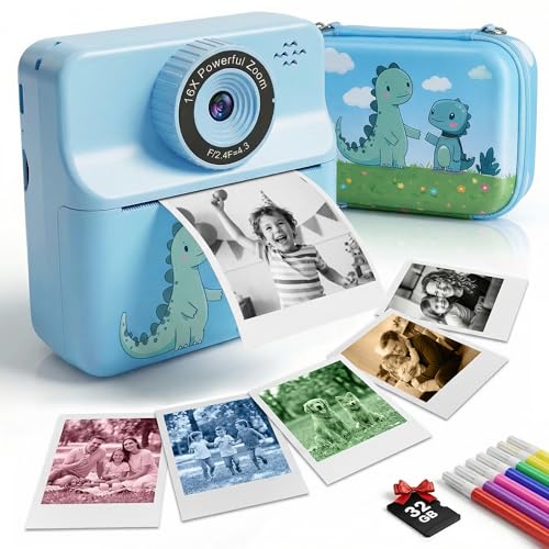 Kids Camera Instant Print with Carrying Case Digital Selfie Camera with 6 Rolls Print Paper 5 Monochrome Colors 32GB SD Card Portable Toddler Camera for Boys Girls 3-12 Christmas Birthday Gift