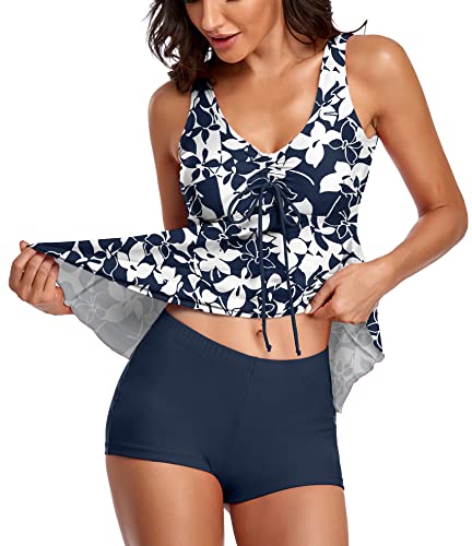 Omichic Women's Modest Tankini Two Piece Tank Top Shorts Tummy Control Swimsuit, Navy & White Floral, X-Large #TOP1