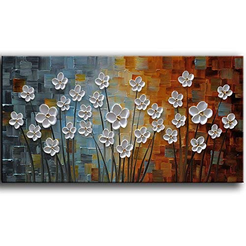 Yasheng Art - 100% Hand Painted Contemporary Art Oil Painting On Canvas White Flowers Abstract Paintings Modern Home Decor Wall Art For Living Room Bedroom Framed Ready To Hang 20X40Inch #TOP14