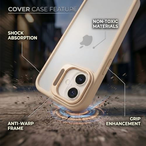 Image of amazon basics Frosted Matte Case for iPhone 17 | Built-in Flip-Out Camera Lens Stand | Translucent Back with Contrast White Bumper | Shockproof Protective Cover with Foldable Kickstand