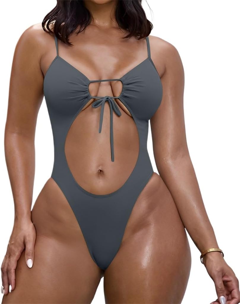 Women's Red Cutout Monokini Swimsuit, Tie Front, Spaghetti Straps One Piece Swimwear for Female PQ4085