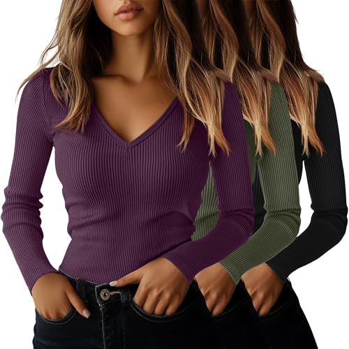 Ficerd 3 Pack Women's Long Sleeve T Shirts Cotton V Neck Slim Fit Tops Ribbed Knit Layering Casual Basic Tees 2025 Fall