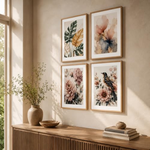 Image of Livin'luxe Set of 4 Botanical Floral Bird Wall Paintings with Sparkle Laminate and Premium Wooden Synthetic Frame for Living Room Bedroom Office Decor (13.5 x 19.5 Inch)