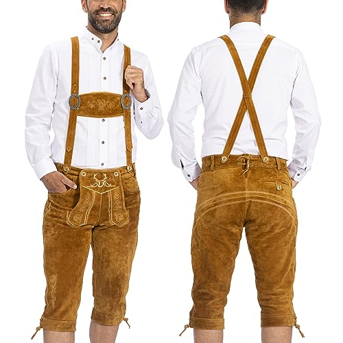Bavaria Trachten Lederhosen - Authentic German Genuine Leather Pants - Light Brown - Knees Length