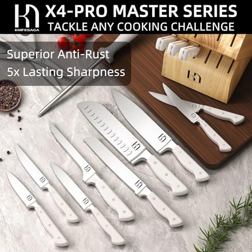 Image of Knife Set, 15 Pcs Kitchen Knife Block Set, Enduring Razor-Sharp Japanese High Carbon Stainless Steel Chef Knife Set with Block and Sharpener, Premium Knives Set for Kitchen, White Natural Wood